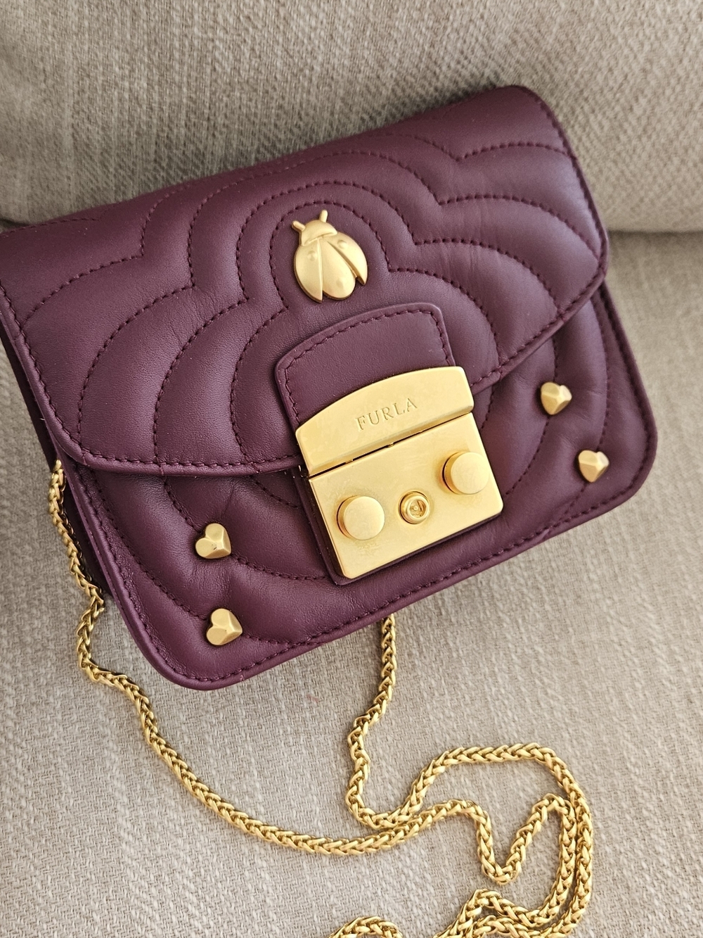 Furla Mini Crossbody Plum Leather Quilted Heart Stud Ladybug Chain Bag NWT